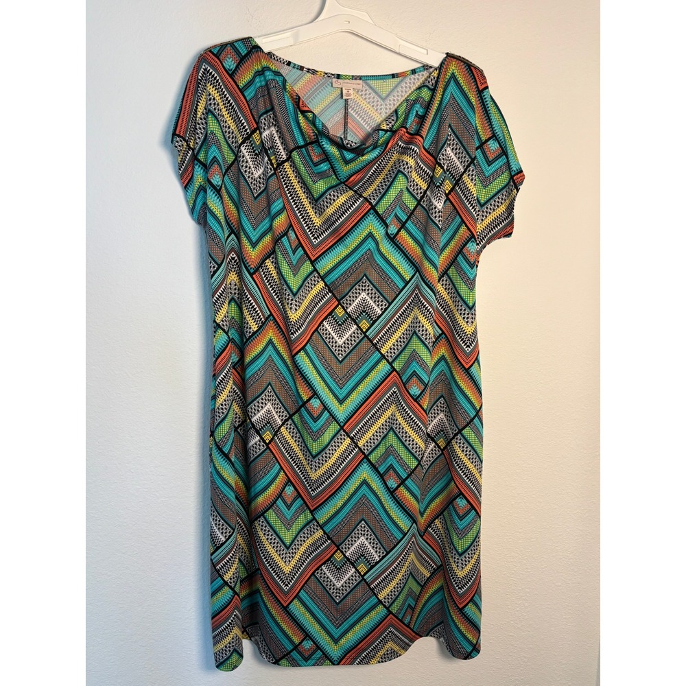 Christopher & Banks Geometric Chevron Cowl Neck Dress Teal Orange Womens 18
